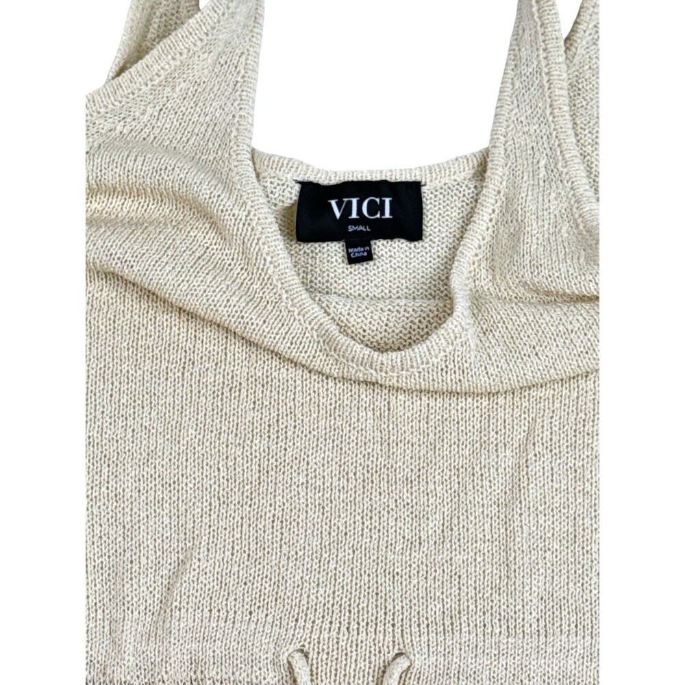 VICI Beige Open Knit Fringe Midi Dress Small Sleeveless Boho Beach Cover Up - Picture 3 of 8
